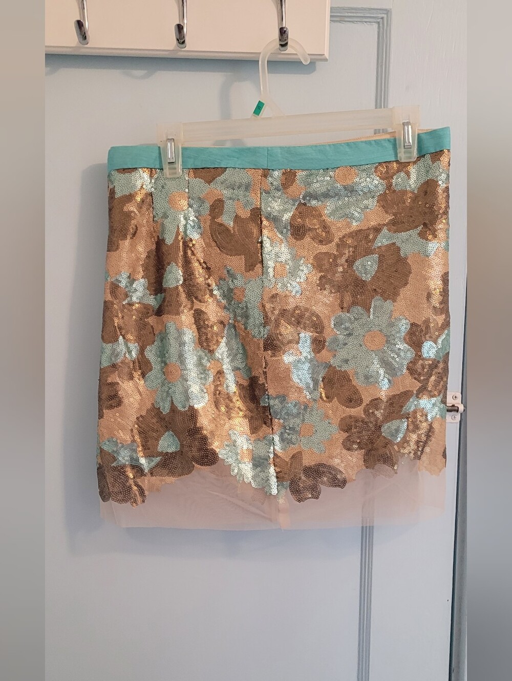 Eva Franco Aqua and Gold Floral Sequin Mini Skirt
